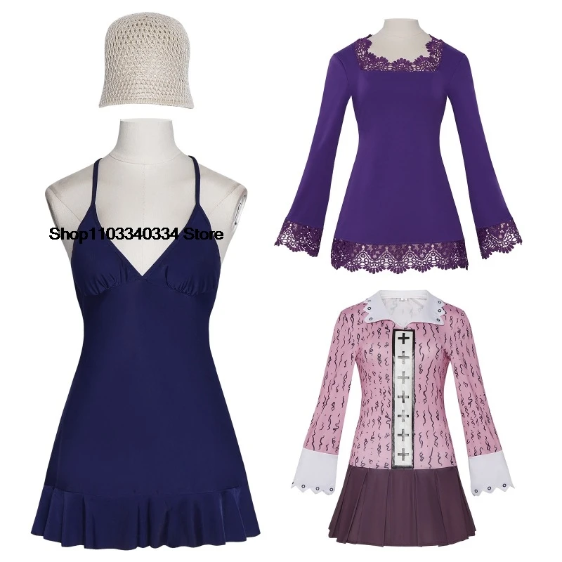 Anime Miss All Sunday Nico Robin, bata en dentelle violette à manches longues, disfraz de Cosplay perruque pour femme