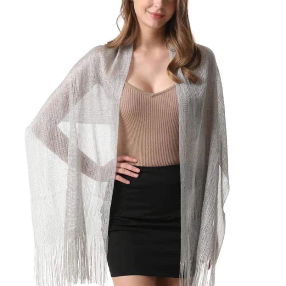 160*50Cm Syal Tabir Surya Sutra Cerah Baru Jilbab Syal Berkilau Perak Emas untuk Wanita Syal Gaun Malam Pesta Rumbai Renda Mewah