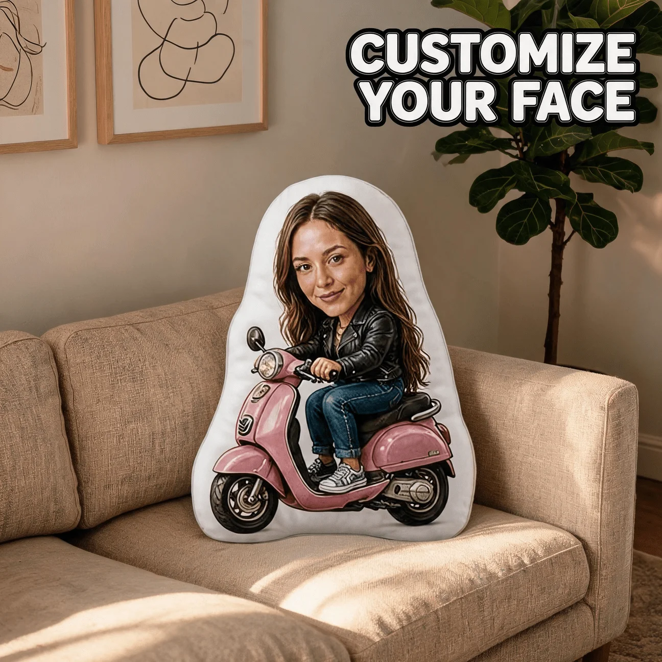 Custom Photo Shaped Pillow, Personalized Face on Pink Scooter Design, Leather Jacket Style Decorative Cushion, 70CM Home Decor A