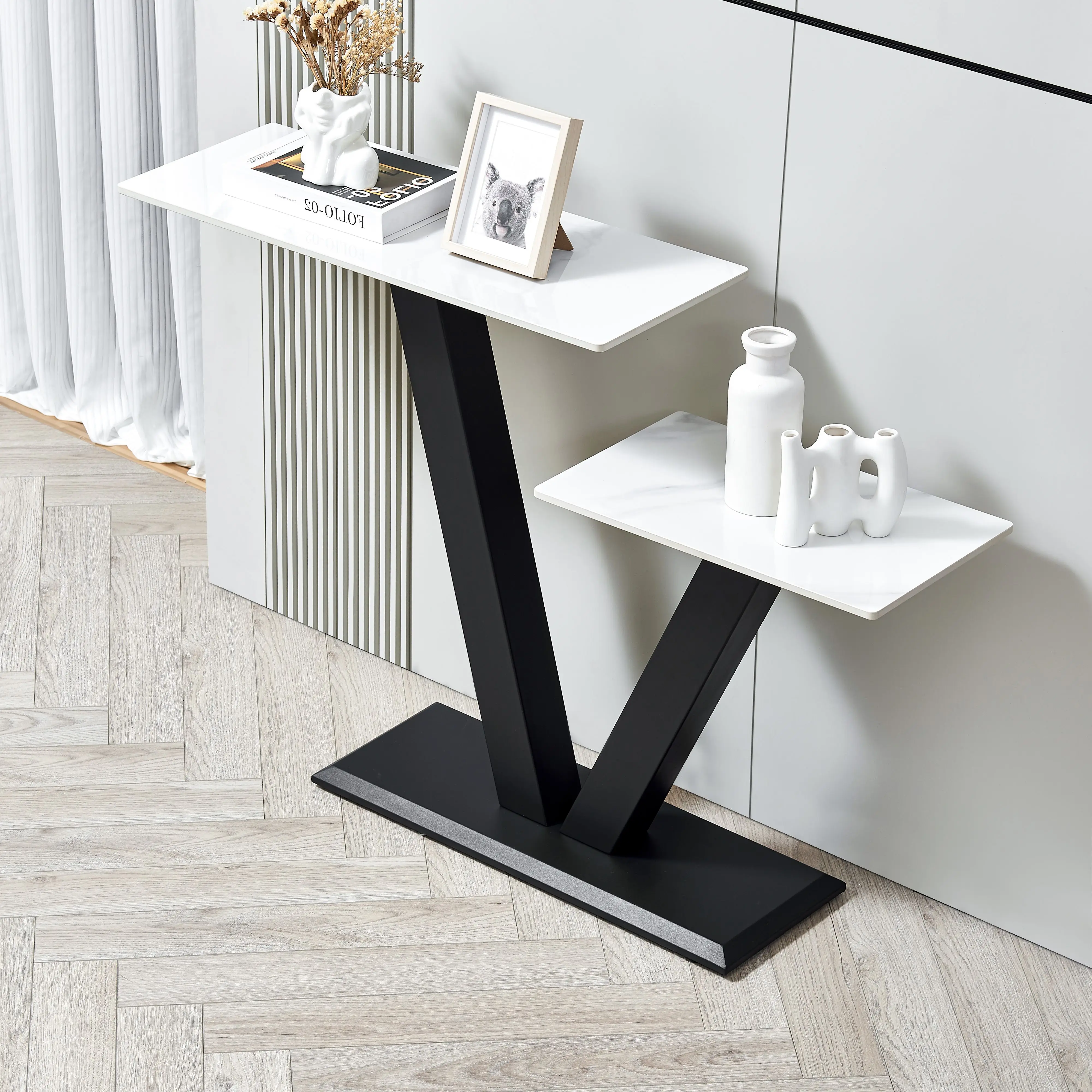 Modern Light Luxury Console Table Luxury Entrance Table, V-shaped Metal Base Marble Pattern Living Room Corridor Narrow Table