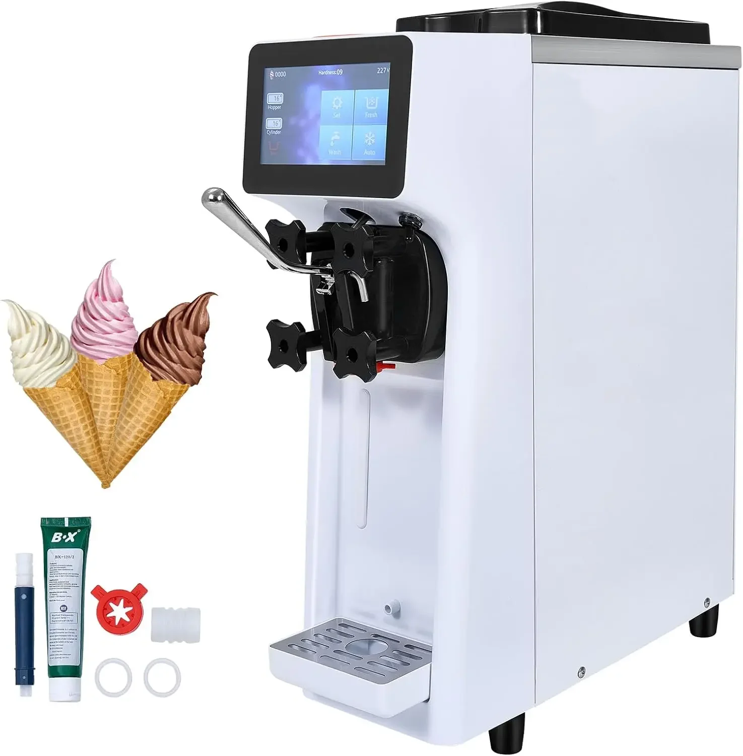 Commercial Ice Cream Maker, 10-20L/H Yield, 1000W Countertop Soft Serve Machine with 4.5L Hopper 1.6L Cylinder Touch Scree