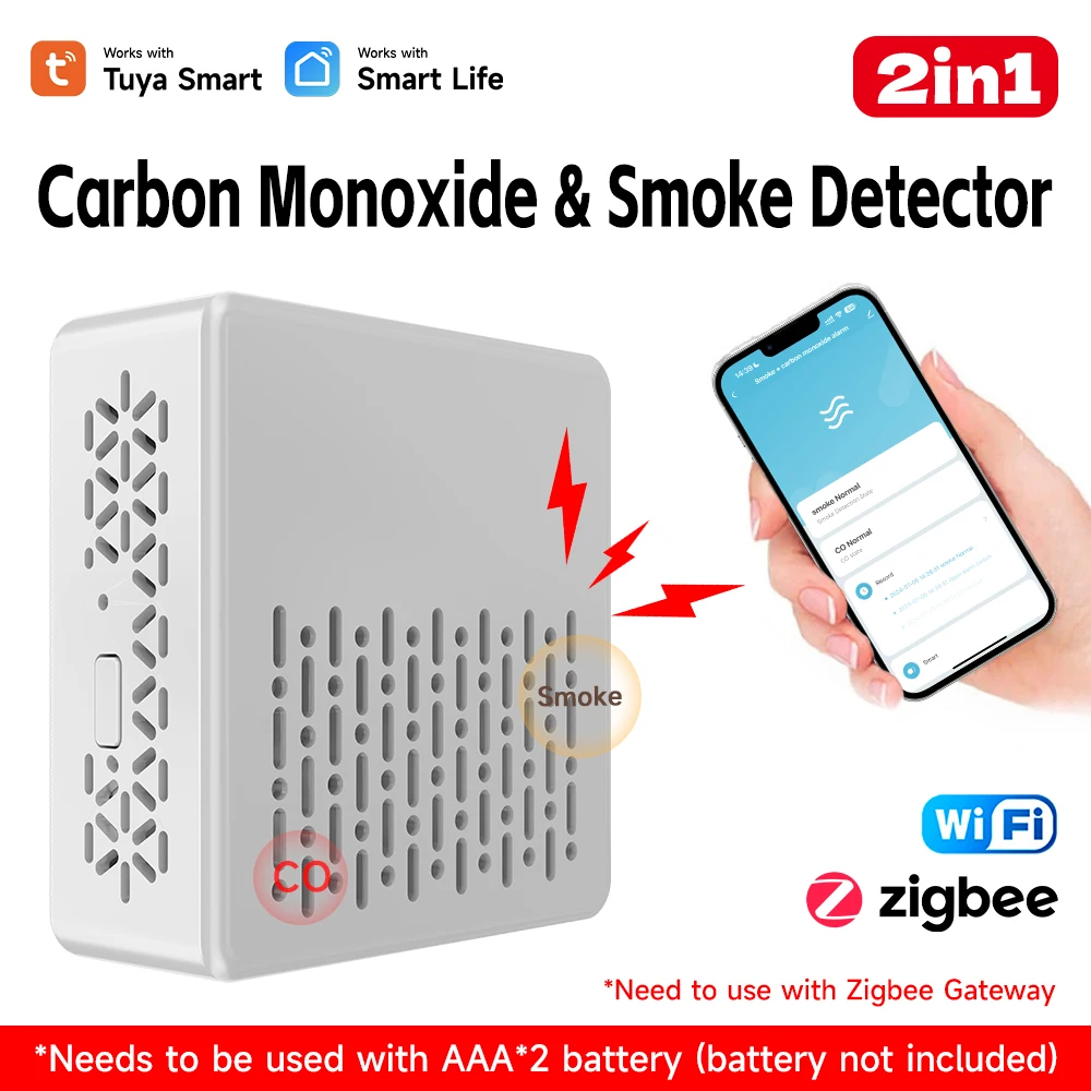 Tuya WIFI/Zigbee Kohlenmonoxid- und Rauchmelder, Intelligenter CO- und Rauchsensor, Rauch- und Feueralarm mit Smart Life APP-Steuerung