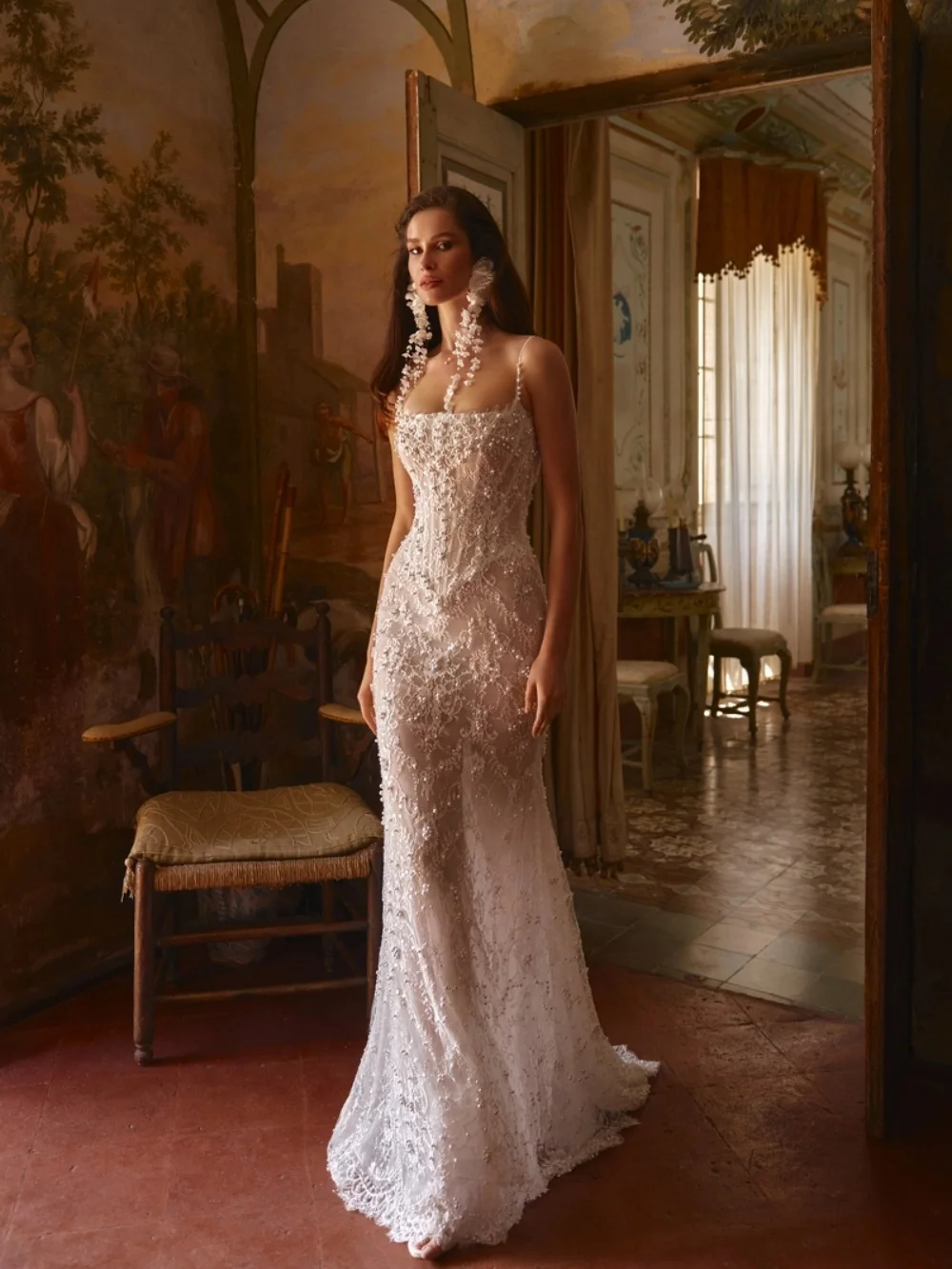 New Shimmering Pearls Wedding Dress With Overskirt Dreamy Lace Thin Straps Bridal Gown Customized Gorgeous Dresses For Bride