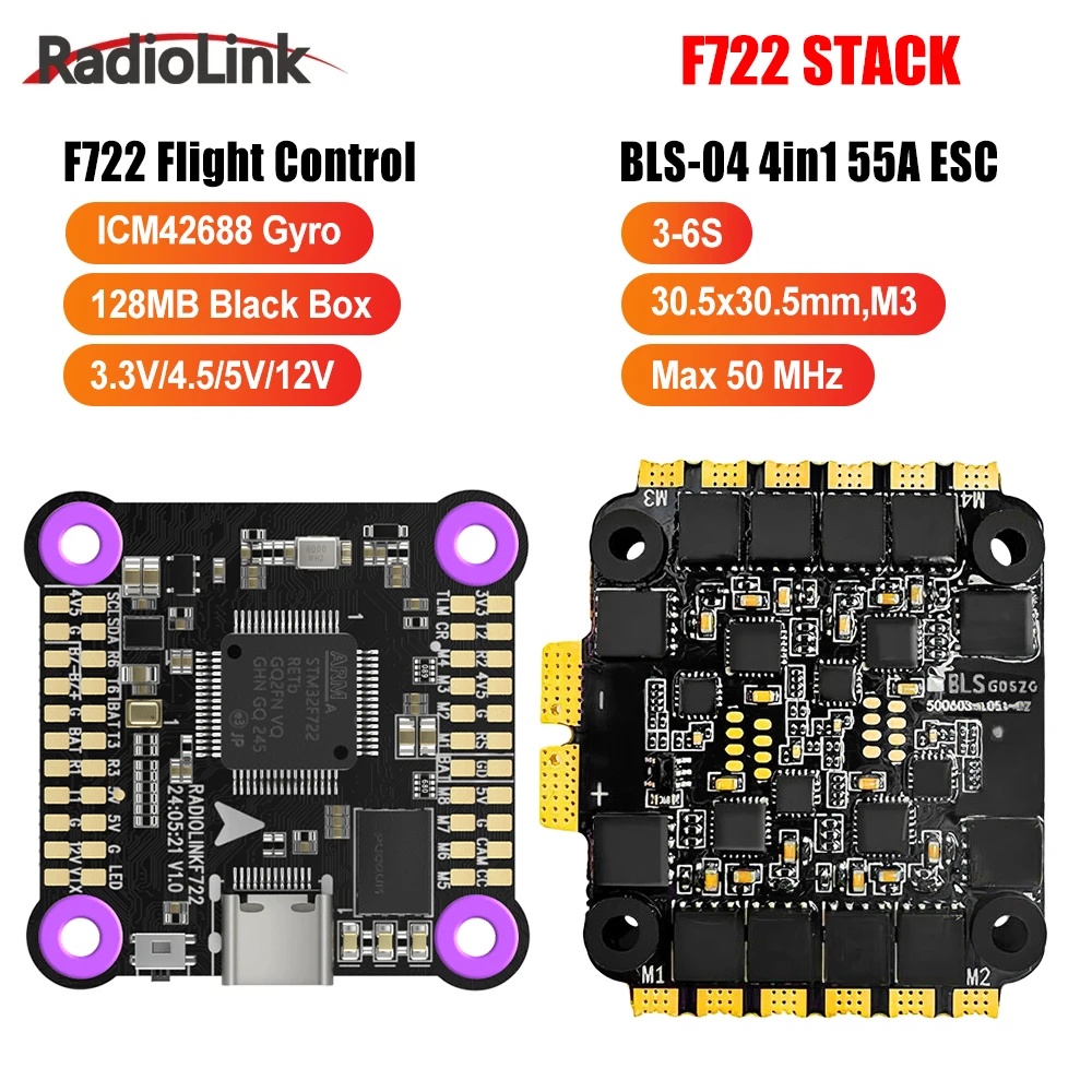 

Radiolink F722 Stack F722 FC с бесщеточным регулятором скорости 55A 4-в-1 для вертолета с неподвижным крылом