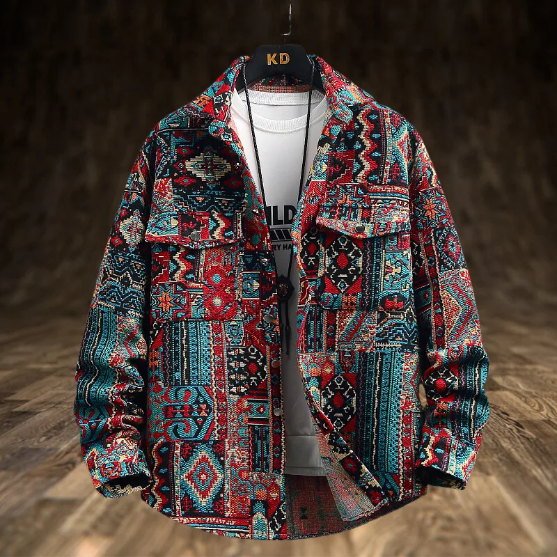 

Spring Autumn New Shirt Coat Men's jacquard Trend Shirt Outside The Men's National Wind Casual Lapel Jacket Male Top