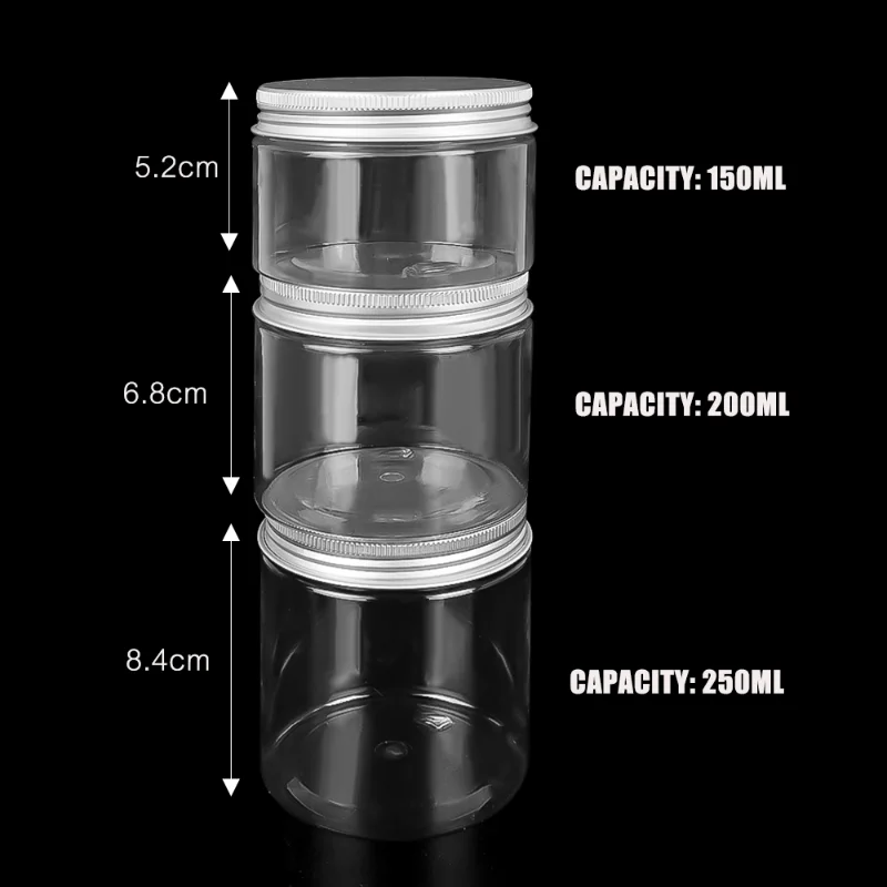 150/200/250ml Empty Plastic Clear Cosmetic Jars Makeup Container Clear Jar Food Airtight Storage Jars with Aluminum Lids