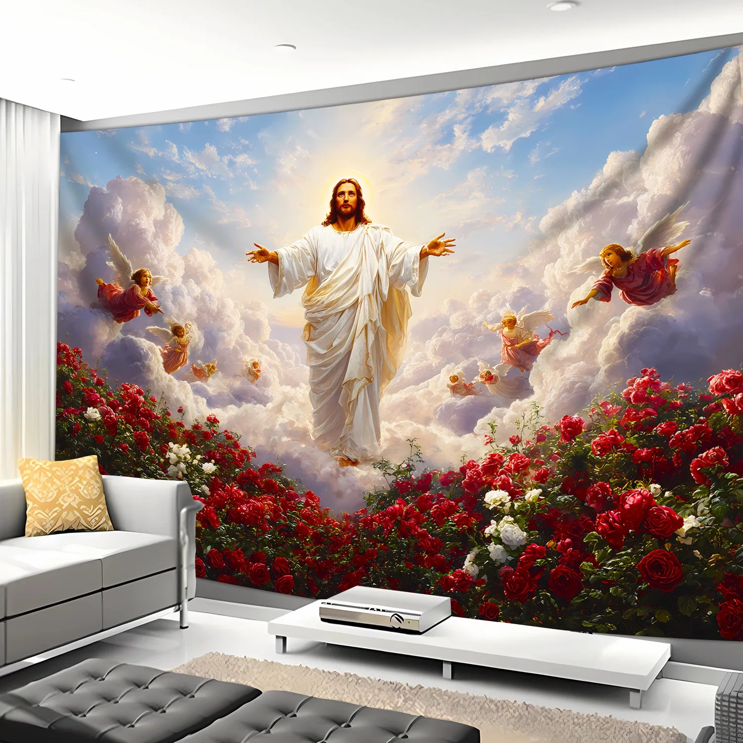 Jesus Christ Angels Tapestry Religious Christian Wall Art for Bedroom Living Room Dorm Decor, Aesthetic Clouds