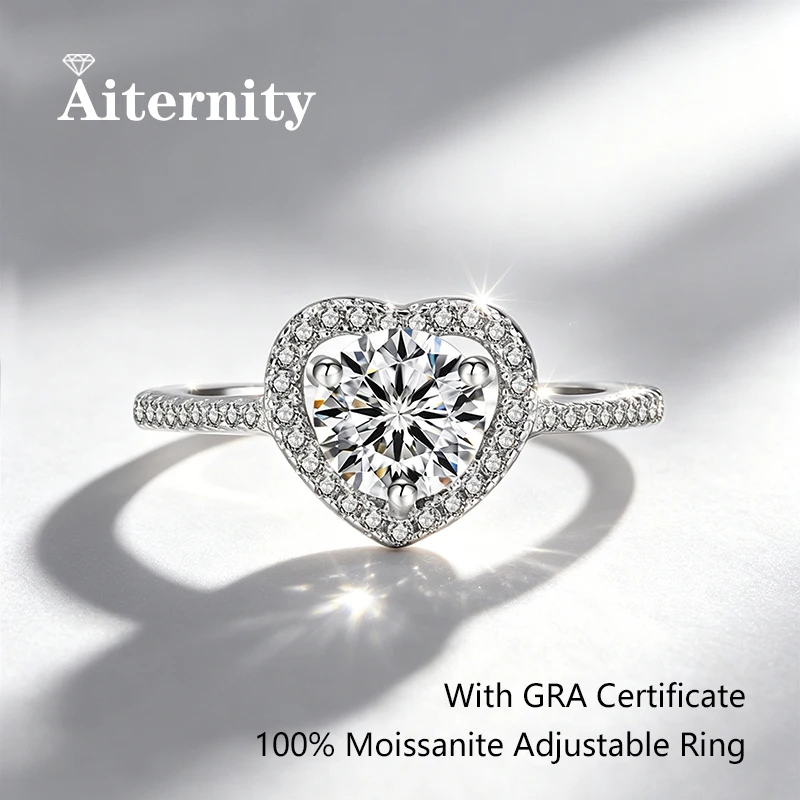 

Moissanite Heart Ring Set with Diamonds Open Ring Women's 925 Silver Adjustable Wedding Ring Exquisite Jewelry
