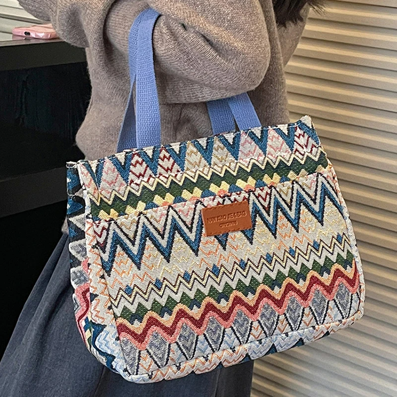 Bohemian Ethno-Stil Geometrischer Druck Canvas-Tragetasche, Bunte Zickzack-Muster Handtasche für Damen, Große Kapazität Pendler-Schultertasche – Detail 10