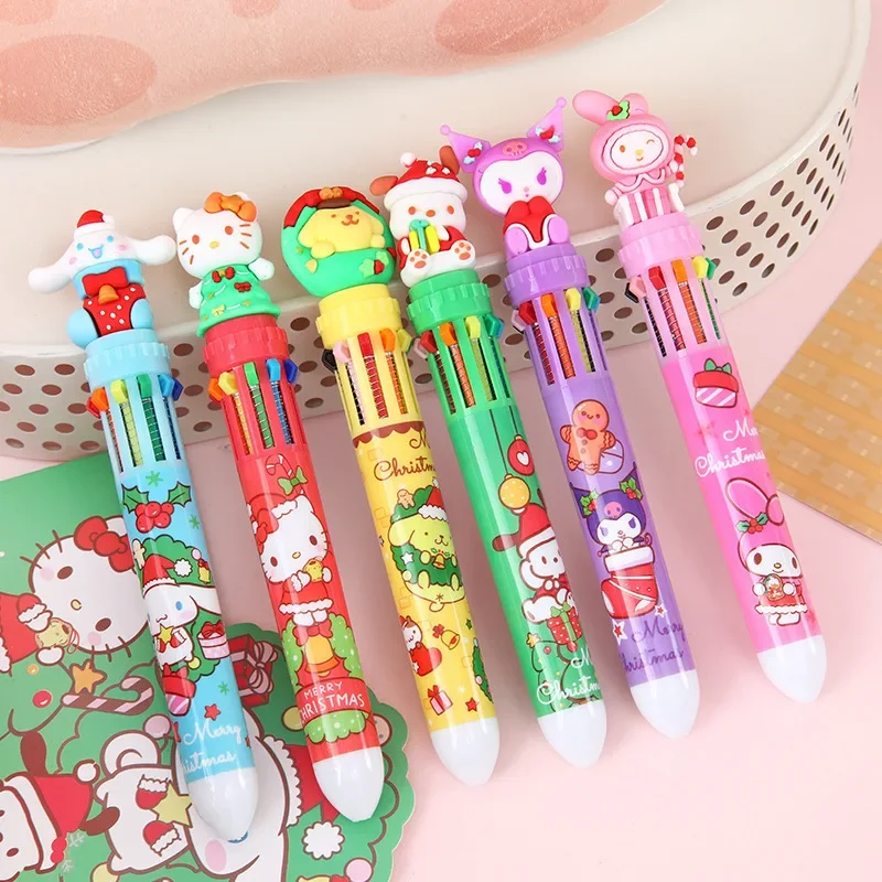 Sanrio Christmas Ballpoint Pen Kuromi Cinnamoroll Ten-color Ballpoint Pen Multi-color Push-type Integrated Marker Pen