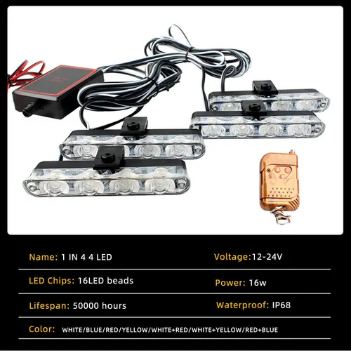 Imagen 2 del producto Luces estroboscópicas de emergencia 4 en 1, luces de policía de 12V con Control remoto inalámbrico, luz de rejilla Flash para coches, camiones, furgoneta, SUV