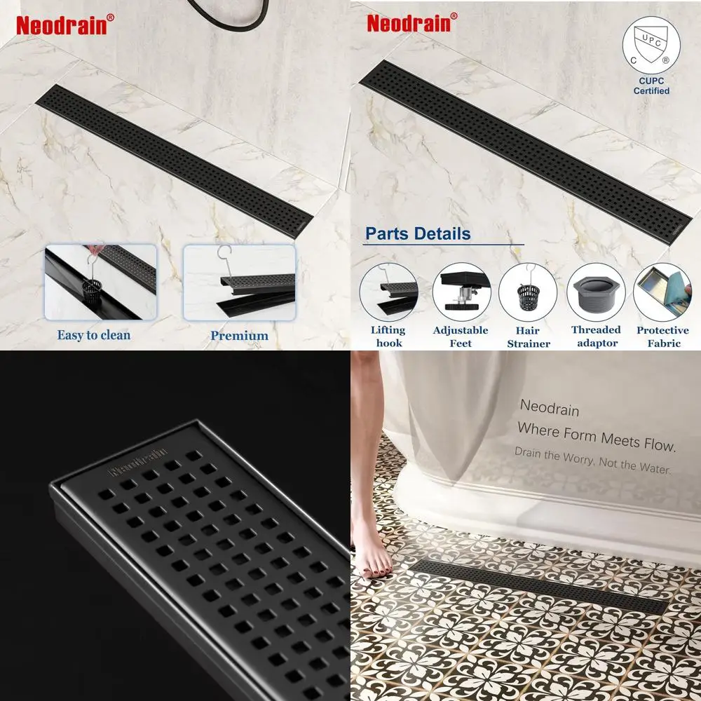 

24-дюймовый матовый черный линейный душевой трап со съемной решеткой, напольный слив из нержавеющей стали 304, регулируемые ножки, сетка для волос