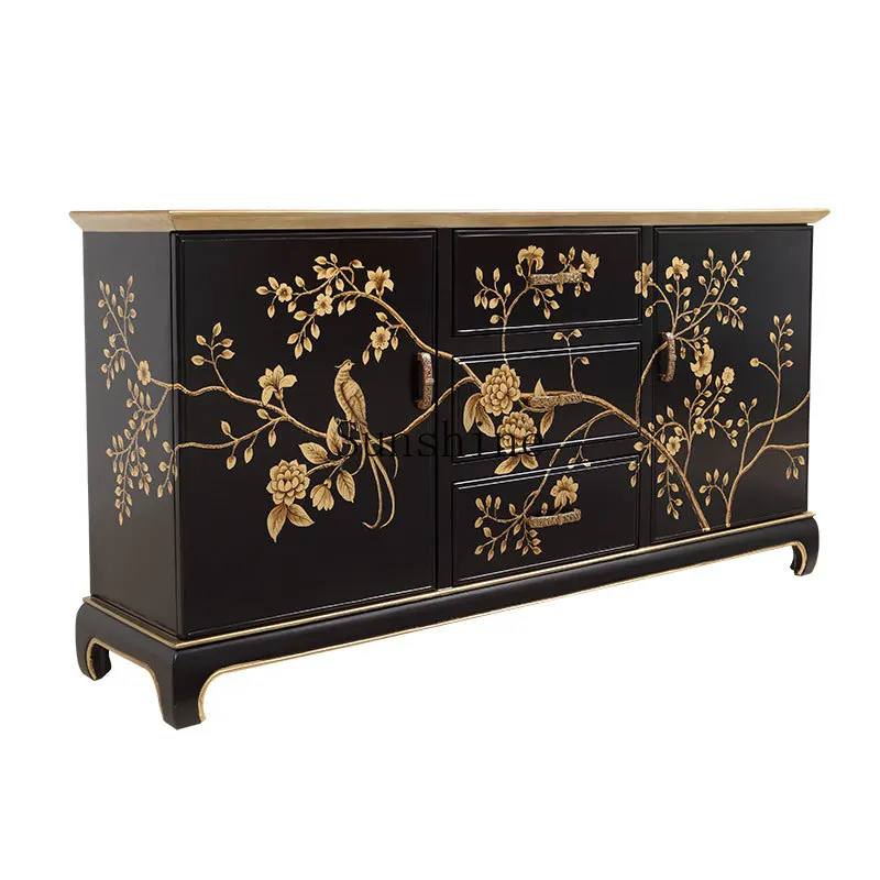 

French retro Chinese black gold painted entrance furniture solid wood dining side cabinet