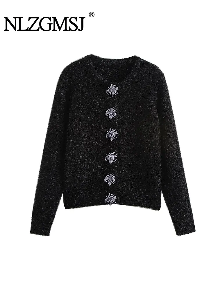 TRAF 2024 Autumn Women's Sweater Cardigan New Winter Bead Short Knitted Cardigans Ladies Fashoin Knitwear Coats