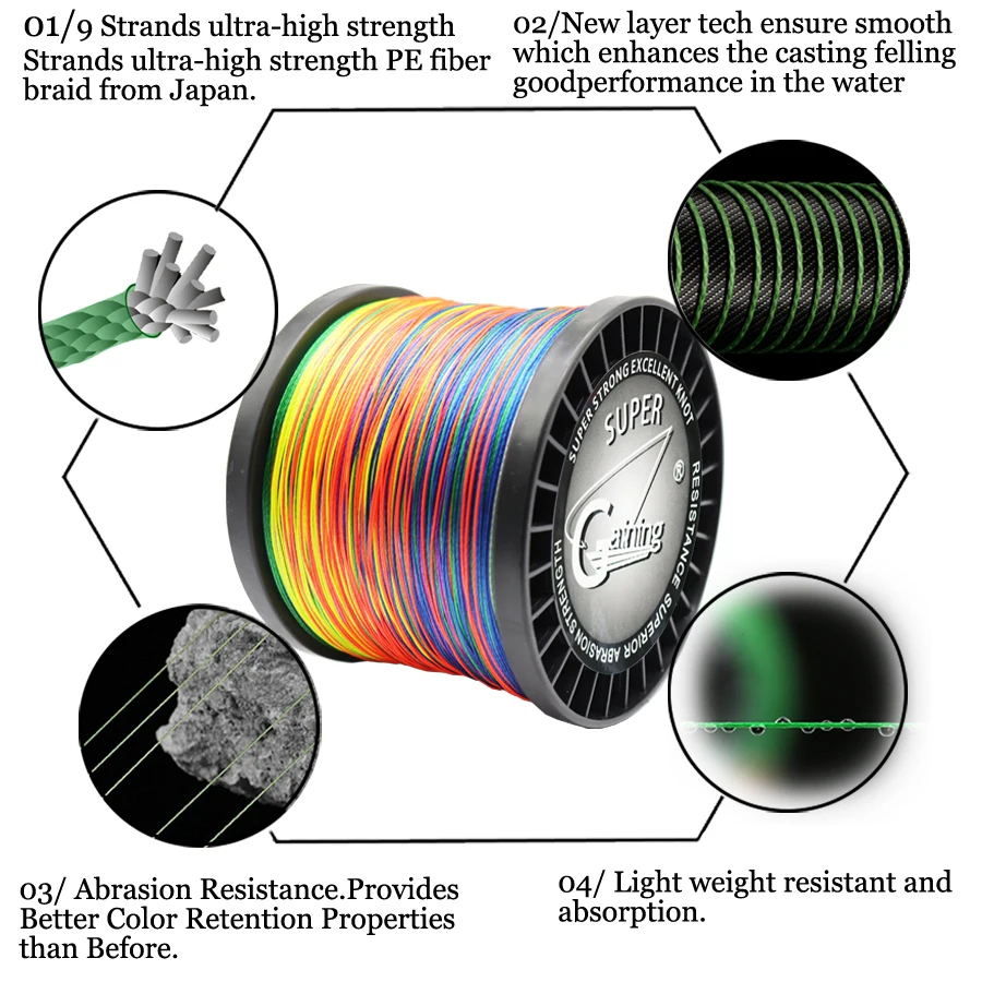 Braided Fishing Line 9 Strands PE Multicolor Fishing Lines Braid 300m 500m 1000m 1500m Strong Strength Fish Line 20LB-200LB