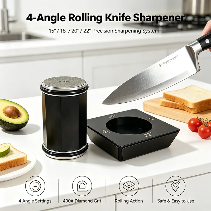 New Professional Octagonal Roller Knife Sharpener 4-Angle 15/18/20/22° Diamond Grinder Wooden Base With Magnet Kitchen Accessory