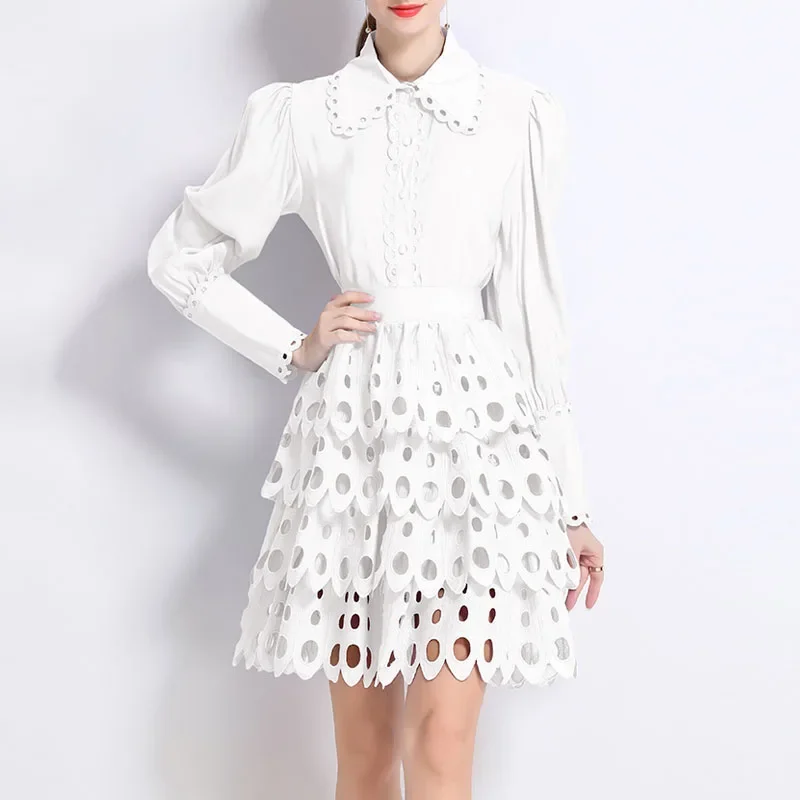 

Skirts Set for Women New Long Sleeve Turn Down Collar Solid Hollow Out A-LINE Skirt Set Women Vestidos De Verano Mujer 2025 Q493