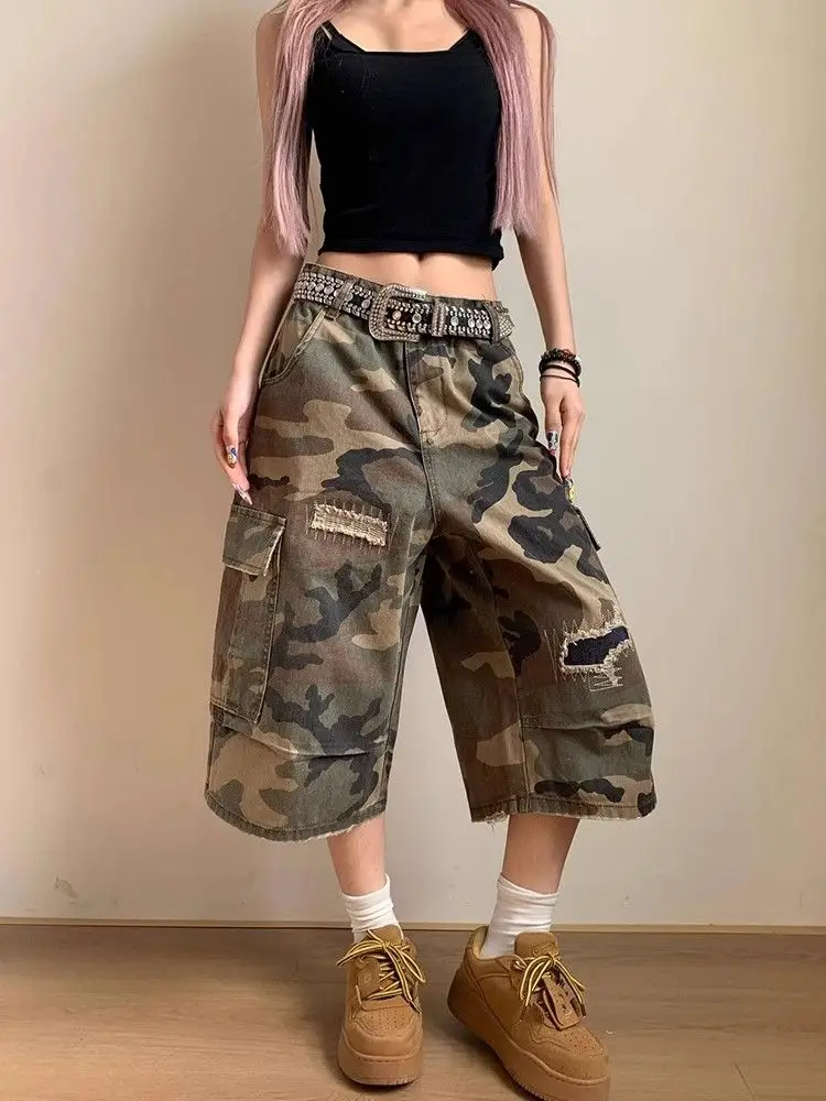 

Woman Summer Denim Short Jeans Large Size American Ripped Patch Women's Y2k Jean Straight Camouflage Cropped Jeans Womens Shorts