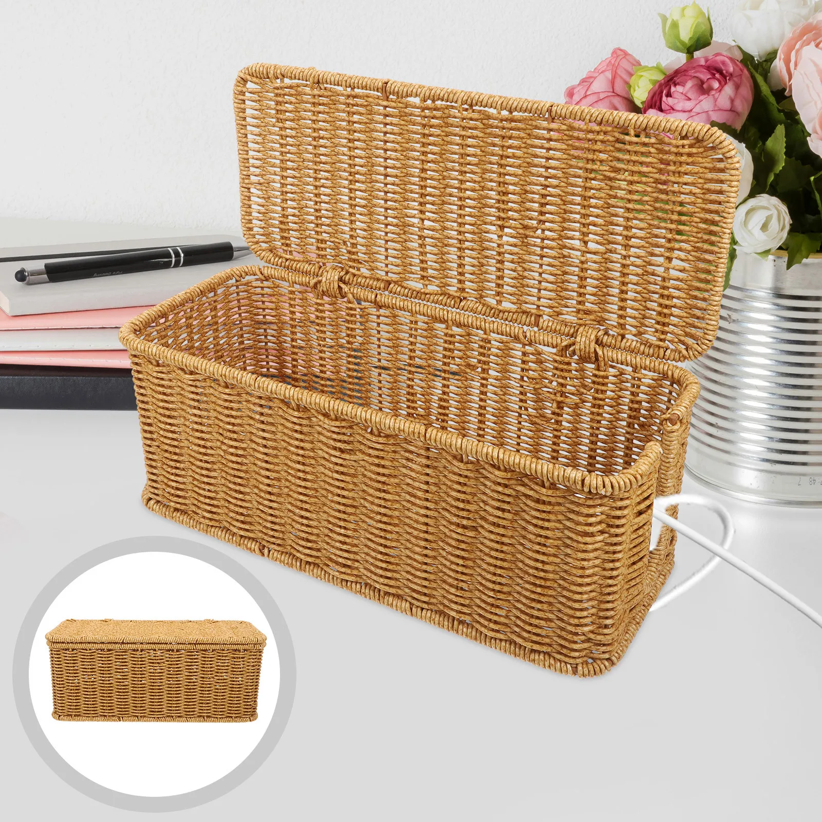 

Multifunctional Power Cord Organizer Cable Basket Rattan Style Large Capacity Cord Management Box For Desk Tangle Prevention