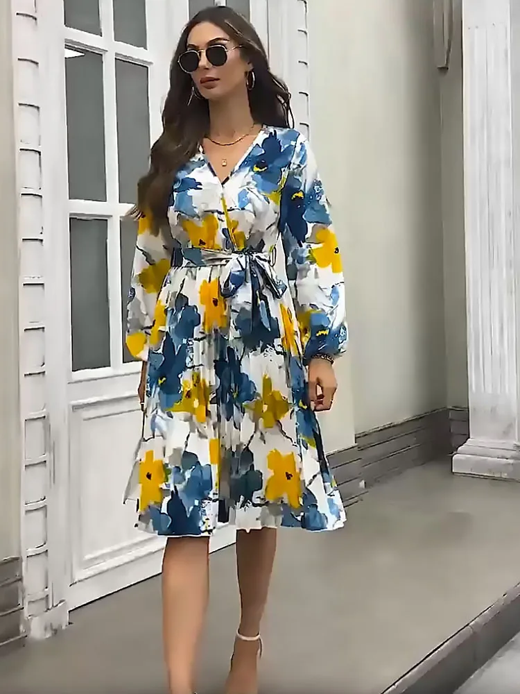 

New fashion waist elegant pleated MIDI skirt V-neck puffed sleeve nine-point sleeve printed women's dress