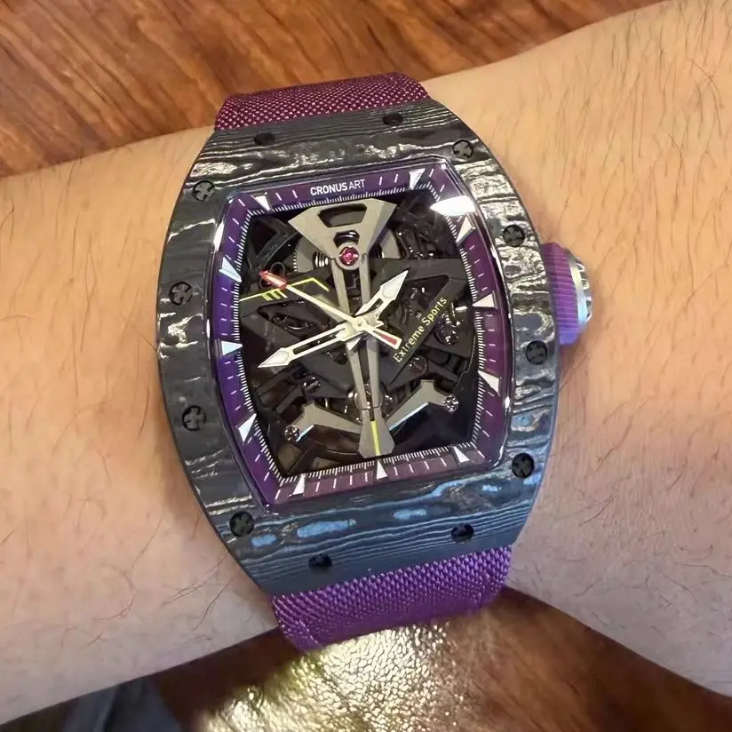 CRONUSART Men Automatic Watch Tonneau Mechanical Wristwatch Carbon Fiber Case Luminous Sapphire Mirror Wingsuit Flying Dial