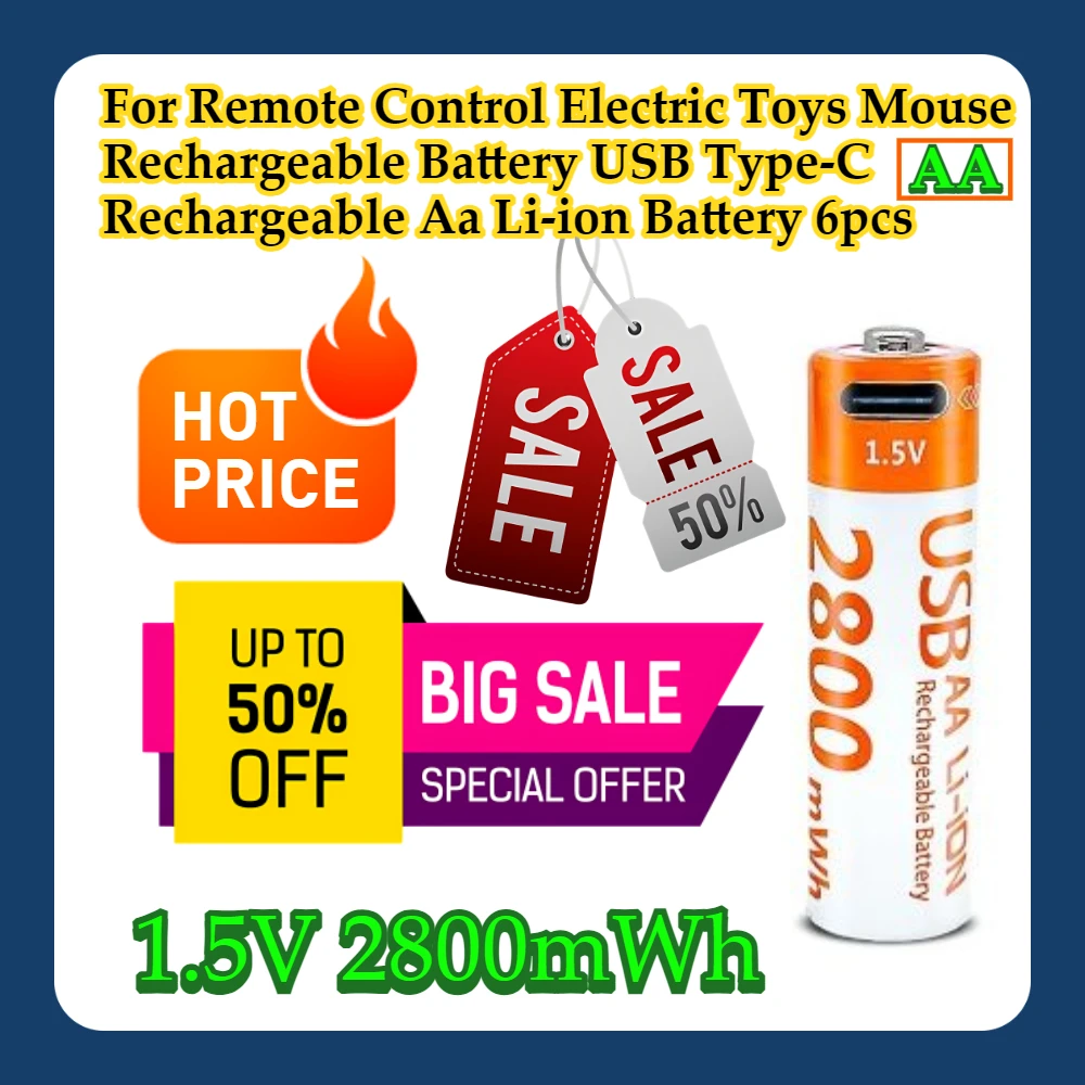 

Для дистанционного управления, электрические игрушки, мышь, 1,5 В, 2800 МВтч, аккумуляторная батарея типа АА, USB Type-C, литий-ионная аккумуляторная батарея Aa, 6 шт.