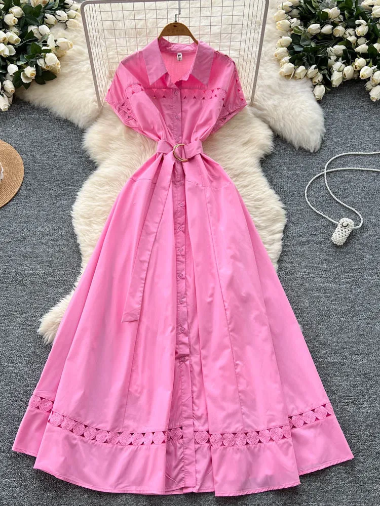 

French Retro Hollow Lace Patchwork Strap Slim Waist Short Sleeved Shirt Dress for Women Elegant A-line Long Vestido