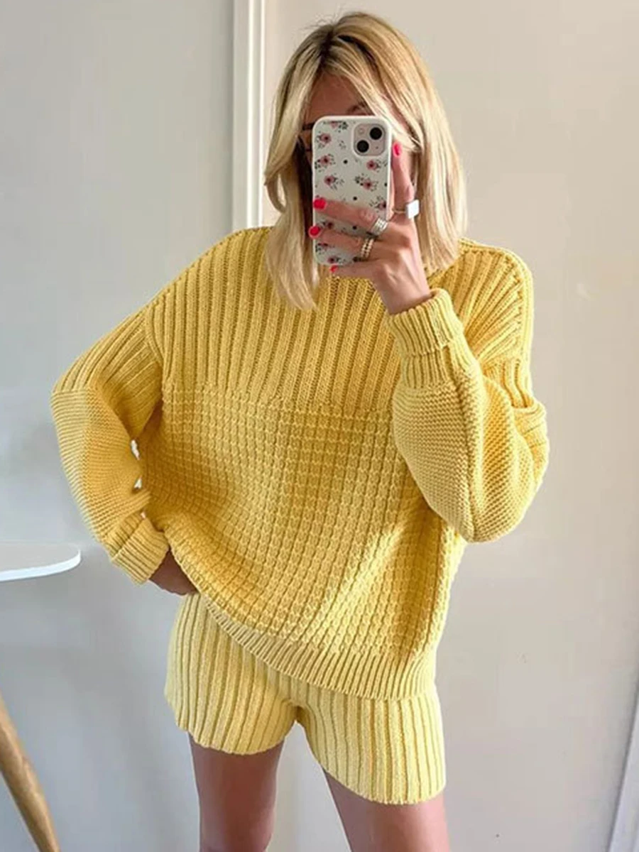 Autumn Solid Knitted Suits For Women 2024 New O Neck Long Sleeve Pullover Sweater+Shorts Sets Casual Fashion Elegant 2 Piece Set