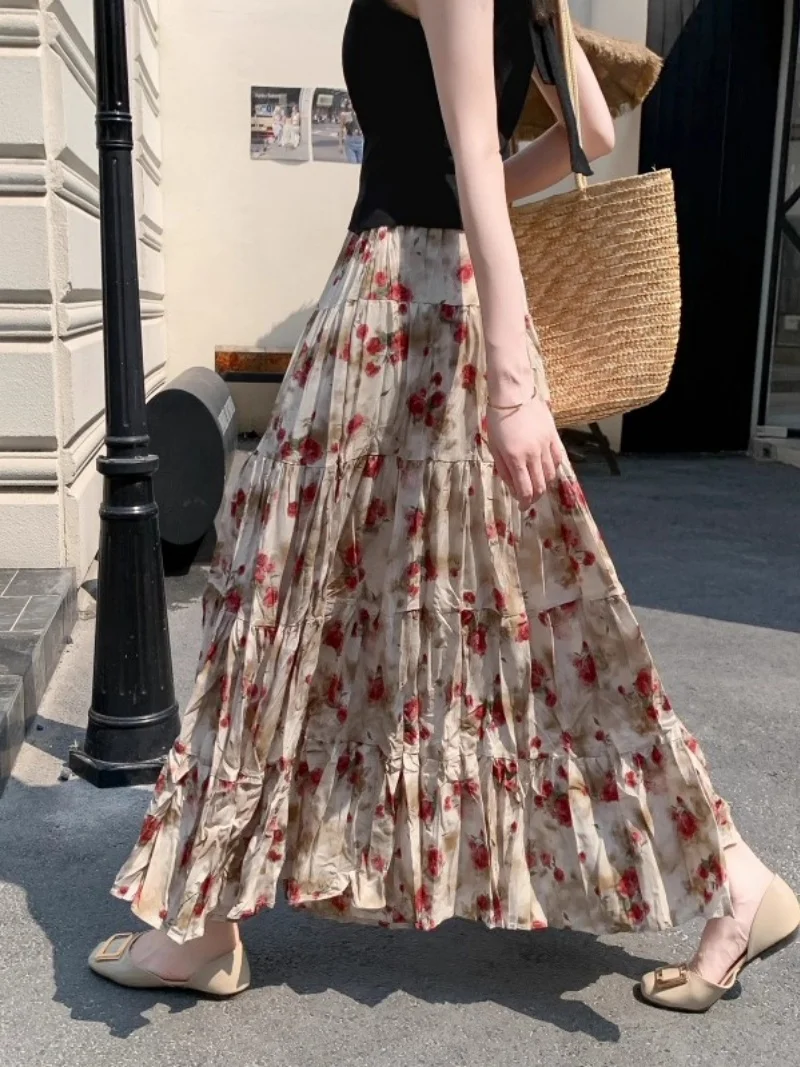 Floral Skirt For Women Summer 2025 Spring and Autumn New Collection Printed A-Line Pleated Skirt W370