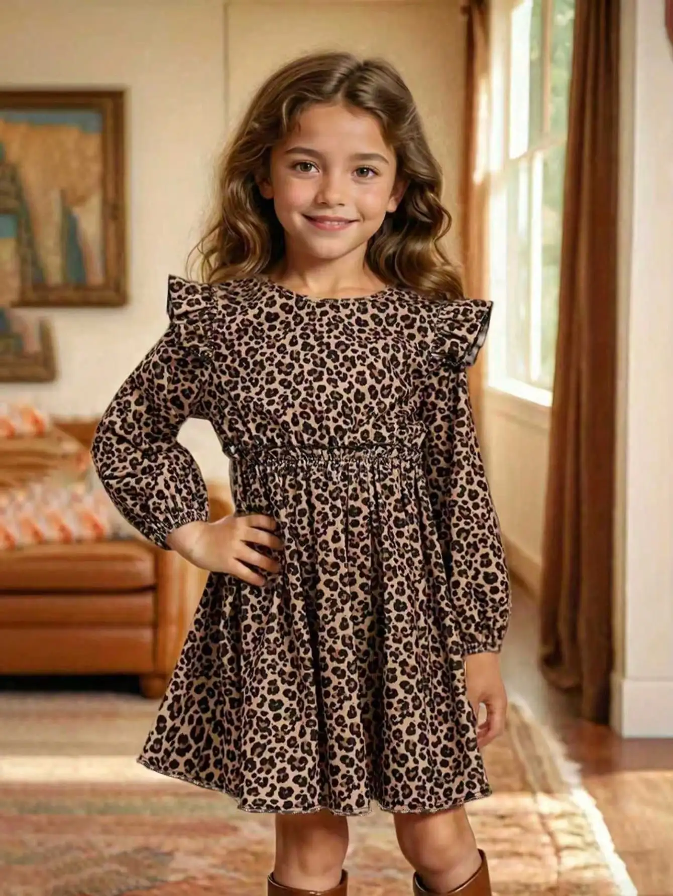 Elegantes, vielseitiges Kleid mit Leopardenmuster und langen Ärmeln für Mädchen, aus schmalem Strickstoff mit ausgestellten Rüschenkanten-Details. – Detail 5