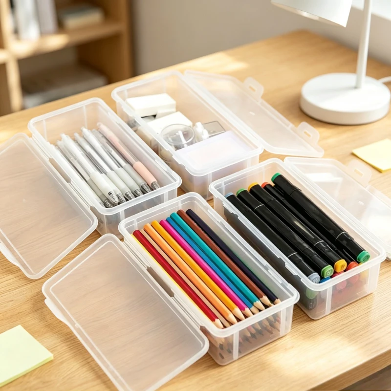 4pcs Transparent Plastic Storage Containers Stackable Latch Boxes Stationery Art Supplies Clear Organizer Bins for Home School