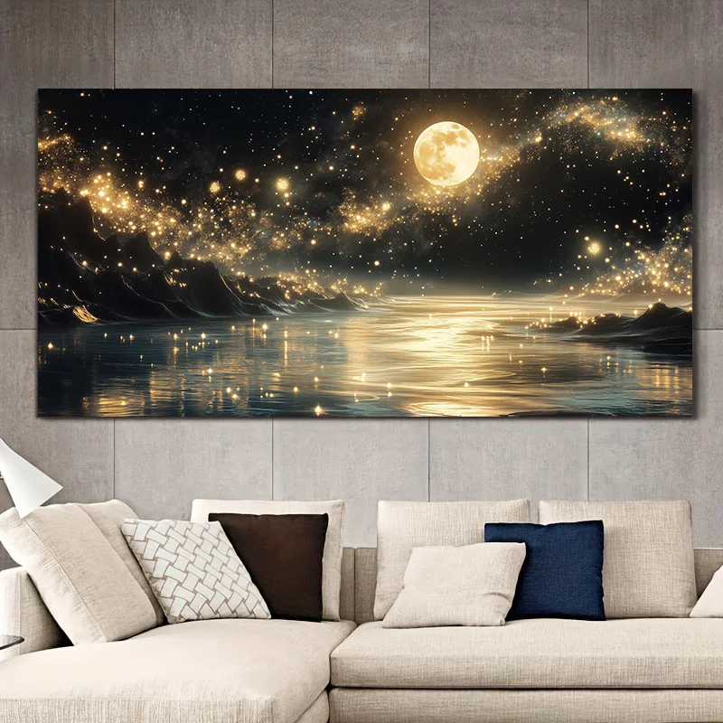 Frameless, Modern Abstract Moonlight Landscape Painting, Tranquil Lake And Stars Wall Art, Canvas Poster for Living Room, Bedroo