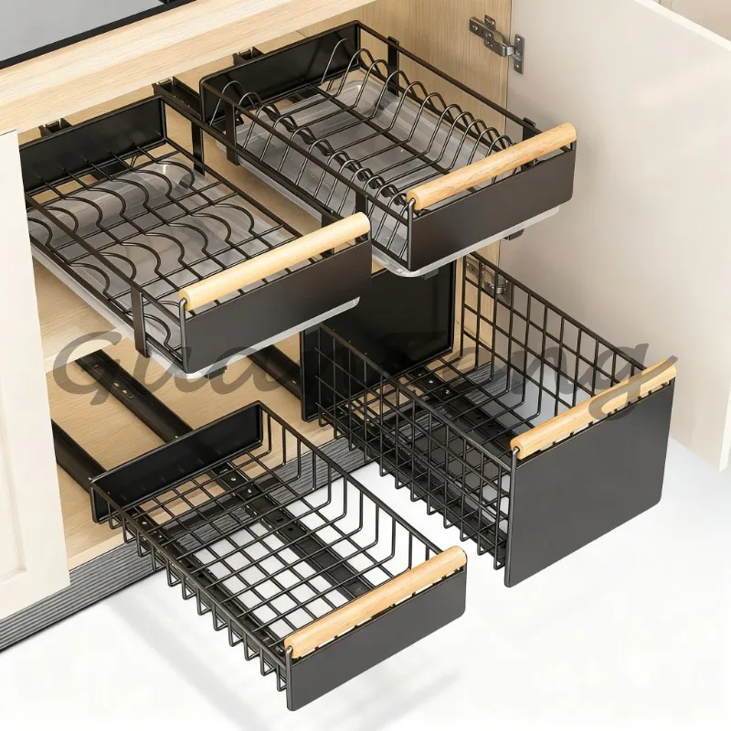 Pull Out Organizer Pull‑out Dish Rack With Wooden Handle And Drain Tray Multifunctional Single Layer Dish Drying Rack