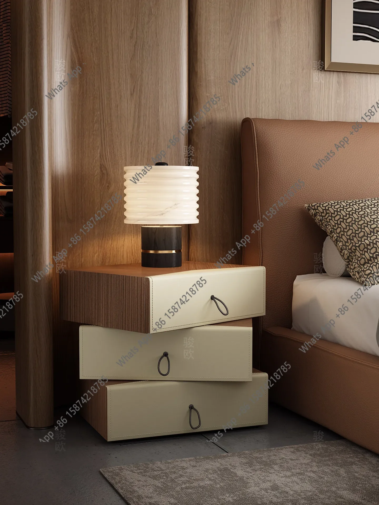 Nn Saddle Leather Bedside Table Villa Luxury Designer New Original Italian High-end Rotating Bedside Table