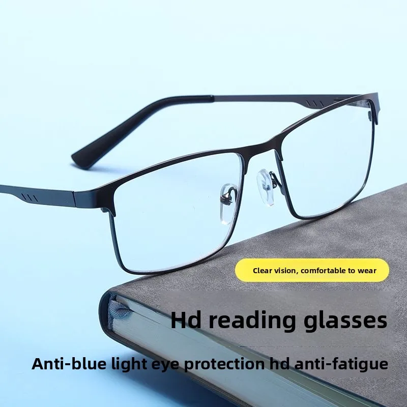 Men Square Metal Large Frame Reading Spring Leg Elderly Presbyopia Glasses Blue Light Blocking Eye Protection Eyeglasses