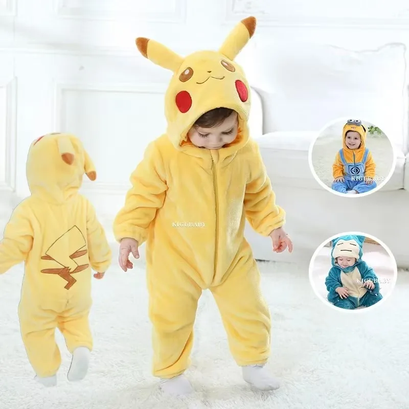 ベビー服ポケモンピカチュウベビージャンプスーツかわいいカビゴン新生児ボディスーツコスプレ衣装フード付きジッパーロンパースパジャマ0-3歳