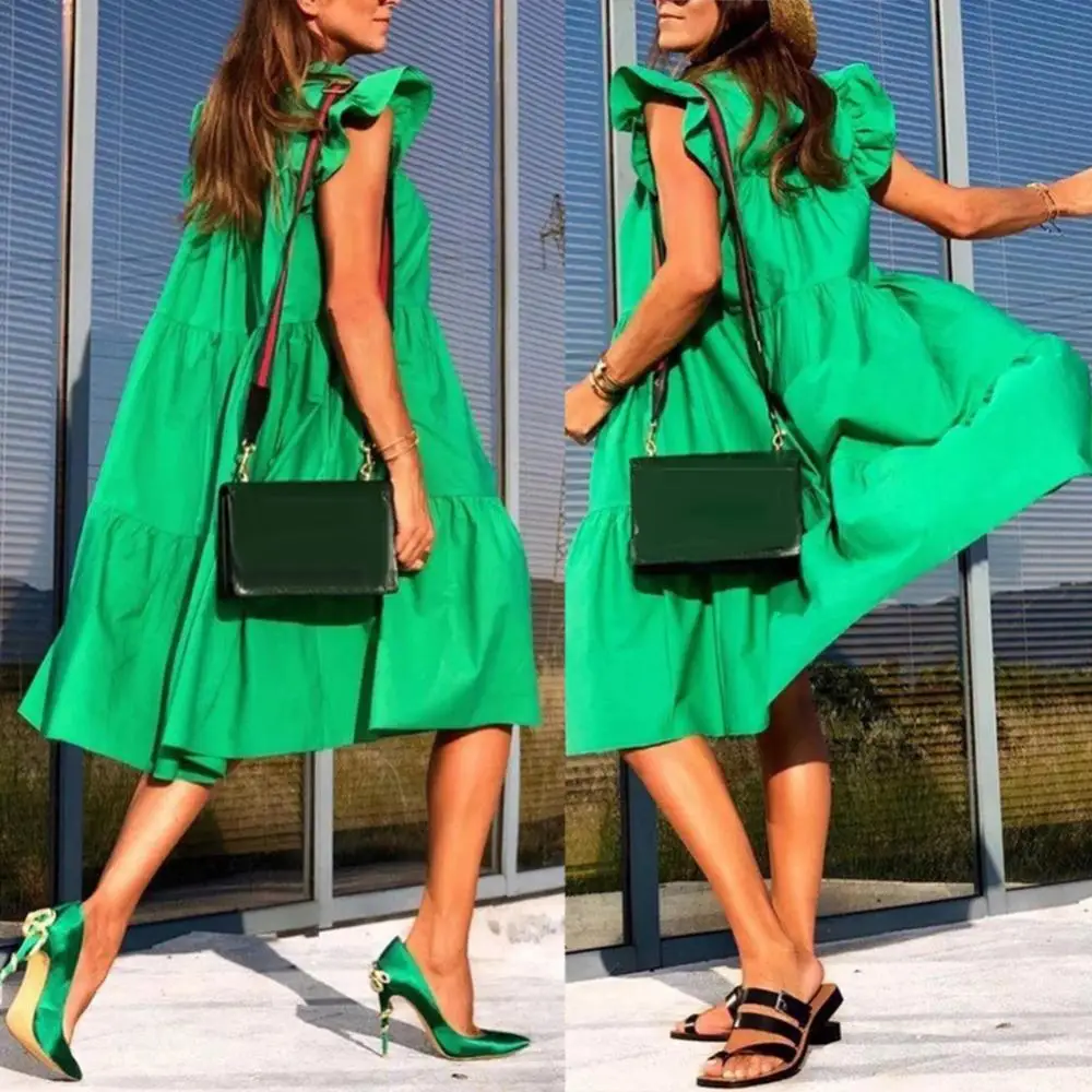 

Large Hem Women O Neck Loose Midi Dress Summer Solid Color Ruffle Casual Short Sleeve Ruffled A Line платье