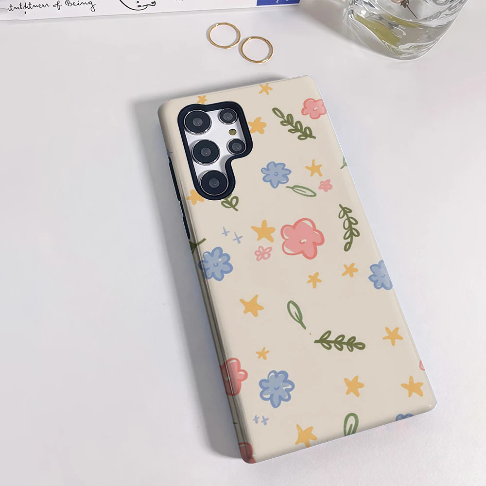 Blauwe bloemenster telefoonhoesje voor Samsung Galaxy S25 Ultra S24 S23 Ultra Plus schokbestendige dubbellaagse achterkant