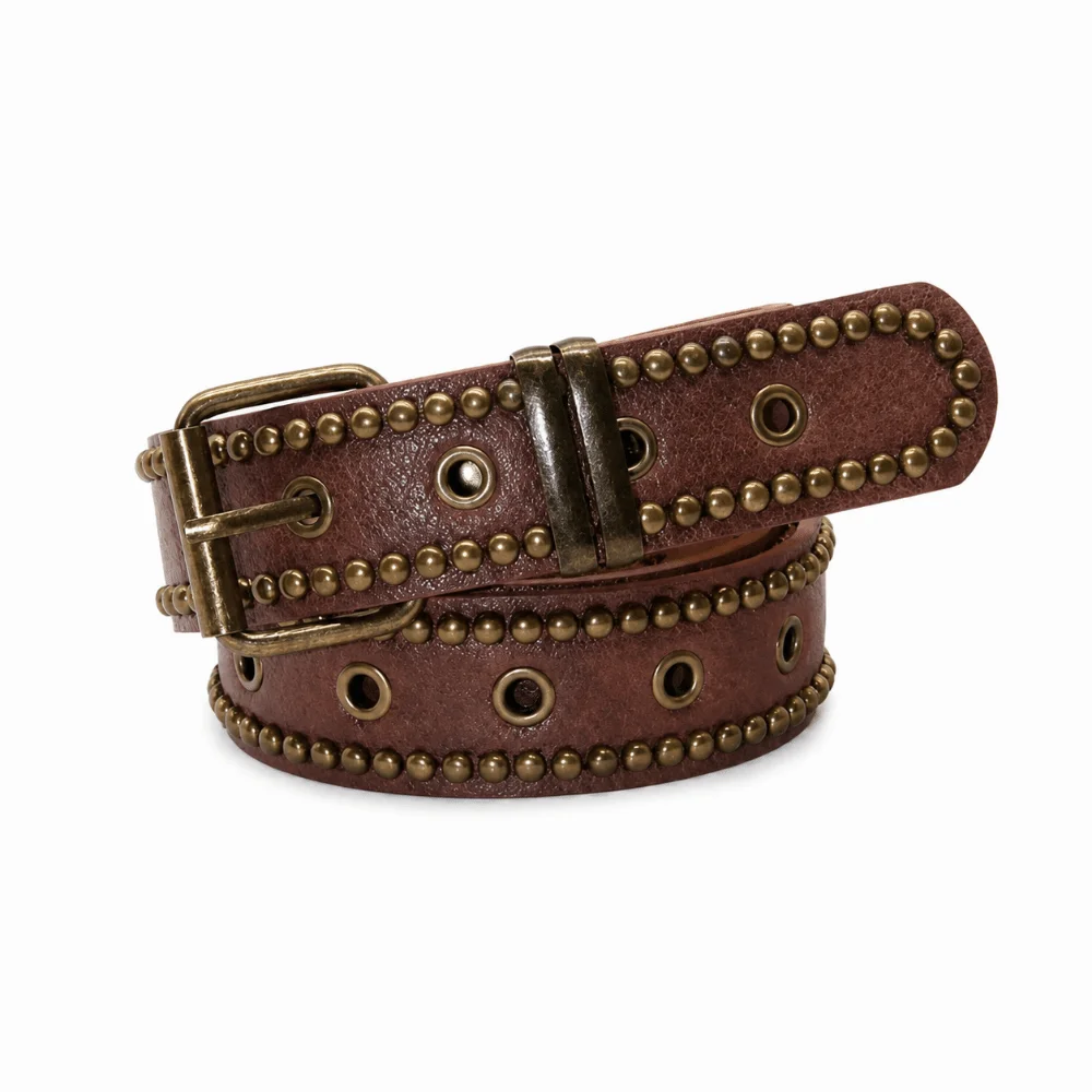 Rivet Studded PU Leather Belt Antique Bronze Pin Buckle Multi Hole Studded Leather Belt Distressed Brown Adjustable Waist Belt
