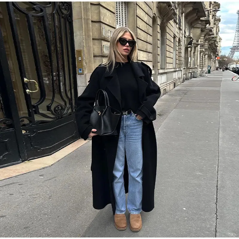 

Women's Long Casual Coat Double-breasted Lapel Sve Double-row Buttoned Faionable Ele Windbreaker Autumn Season