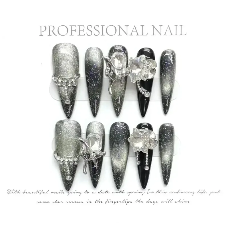 10szt odpinane szpilki migdałowe ciemne fajne y2k prasa na paznokcie balet czarny łańcuszek ręcznie robione pełne pokrycie sztuczny paznokieć z klejem Nail Art