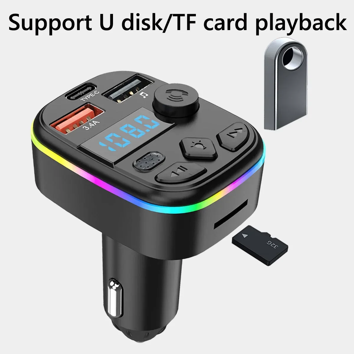 FM Transmitter Support TF Card U Disk Car MP3 Player Dual USB Type C Car Charger Cell Phone Charging Hands Free Wireless Car Kit