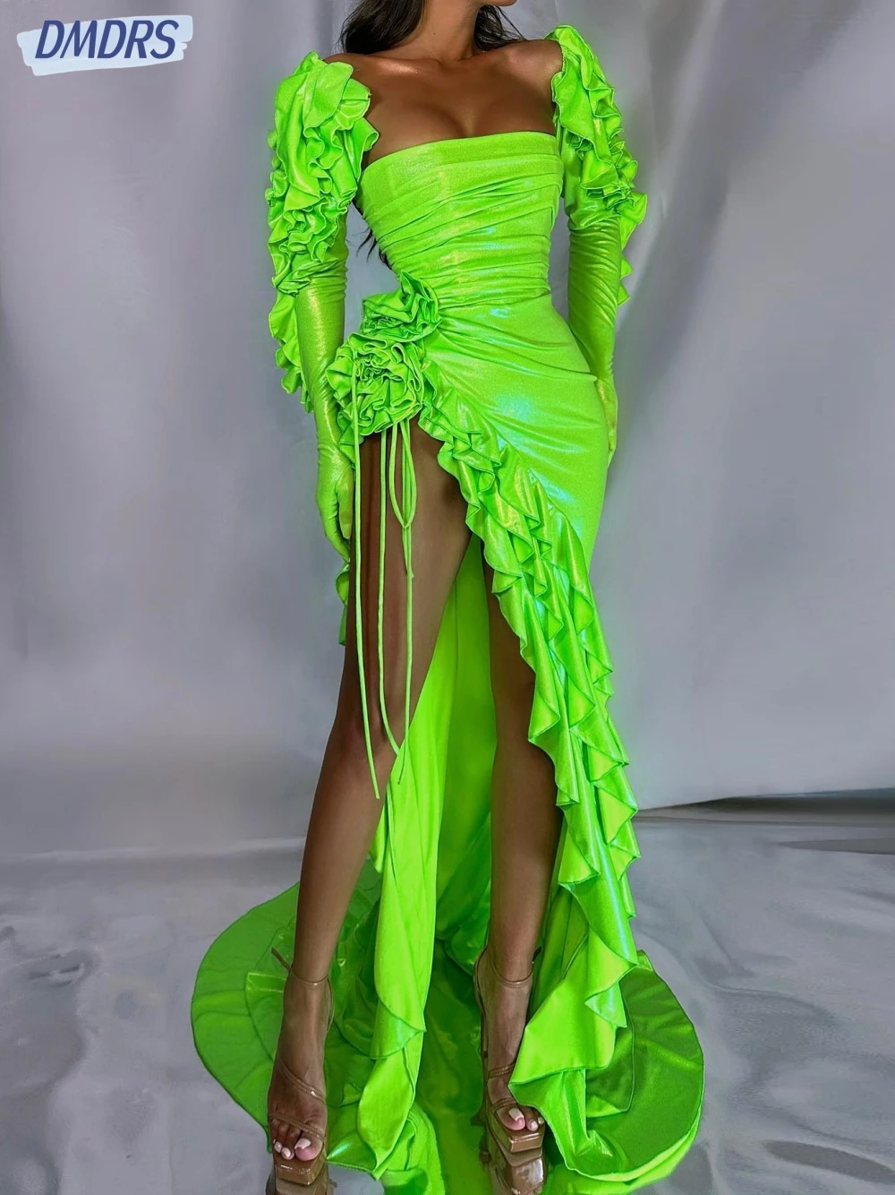 Vestidos De Noche sin tirantes para fiesta, Vestido verde neón con abertura alta para novia, Vestido De Novia clásico hasta el suelo, Vestido De Novia