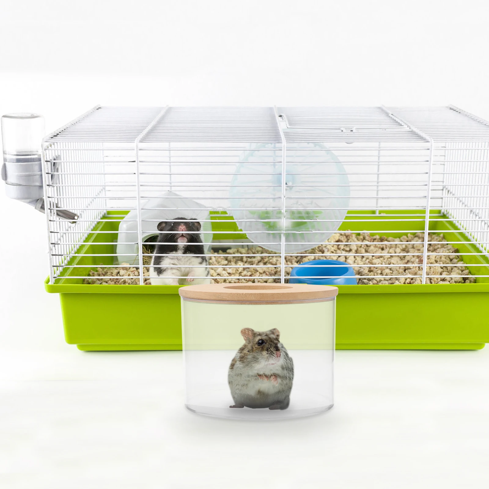 

Hamster Bath Box Transparent Acrylic Sand Basin Toilet Small Pets Cage Accessories Round Bamboo Cover Mini Size Bathing Grooming