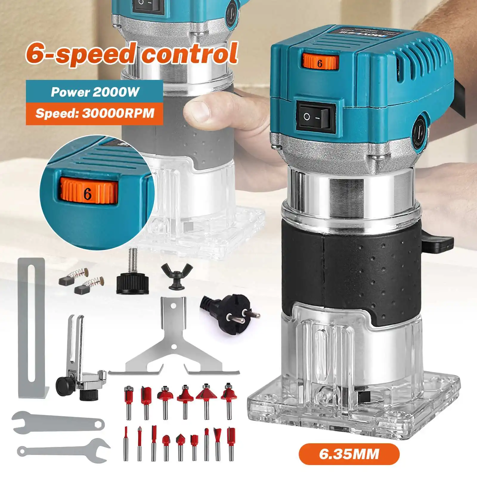 2000W/30000RPM Elektrische Fräsmaschine für Holzbearbeitung, Trimmen, Gravieren, Nutenfräsen, Holzbearbeitungswerkzeug mit Fräsern