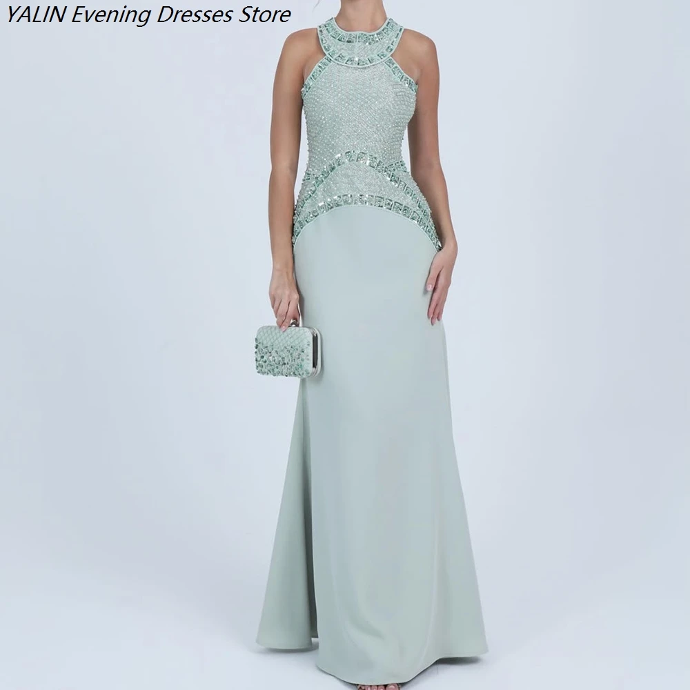 Women's A-line Evening Dresses Floor-length O-neck Sleeveless Prom Dresses Fashion Sequined Beading Draped Customized Gowns