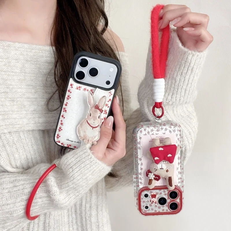 

Korean Flower Cute Candy 3D Rabbit Phone Case For iPhone 17 Pro 16 15 14 Pro Max Cover with Hand Rope Leather Shockproof Cases C