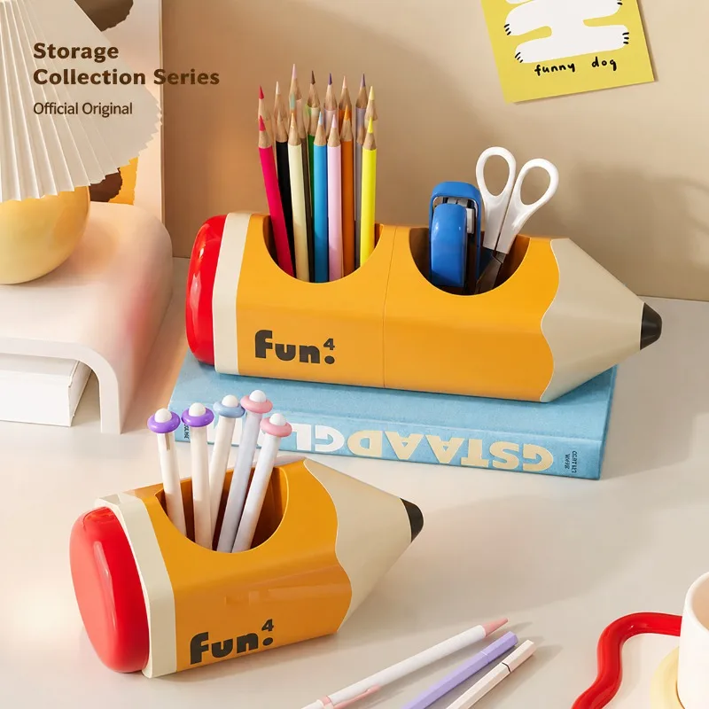 Creative Pencil Shape Cartoon Pen Holder Plastic Desk Storage Box Large Capacity Student Stationery Organizer, Cute Desktop Cont