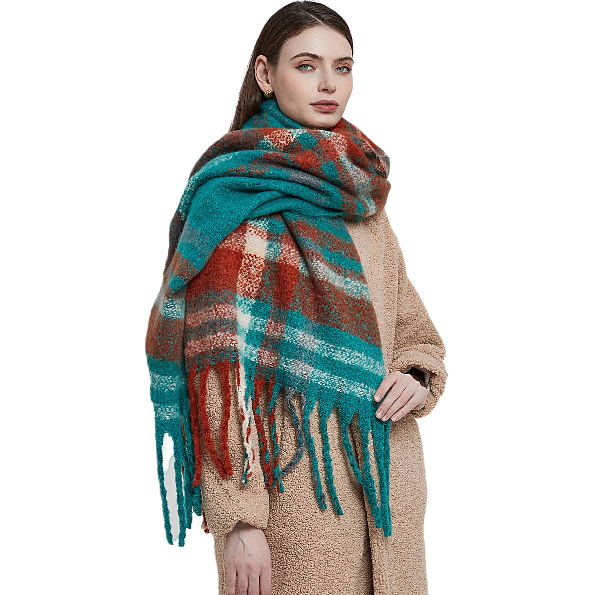 

2025 New Women's Scarf European and American Autumn and Winter Thick Circle Yarn Thick Fringe Checkered Scarf Shawl Manufacturer