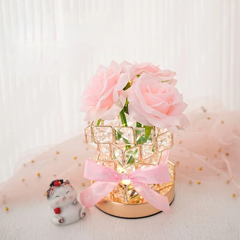 Luminous Crystal Cube Rose Table Night Lamp LED Decorative Table Lamp Bedroom Decor Romantic Birthday Gift Bouquet Nightlights